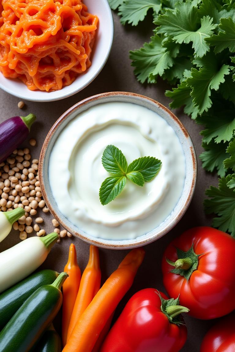 A variety of gut-healthy foods like yogurt, kimchi, and vegetables.